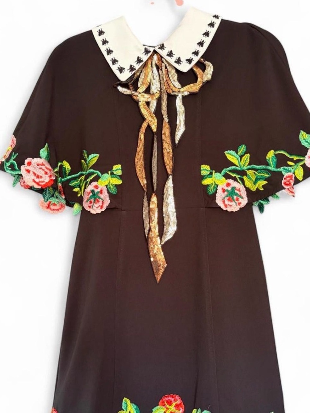 Embroidered Floral Cape-Sleeve Brown Tunic with Contrast Collar